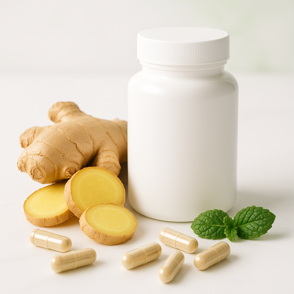 Digestive supplements displayed with natural ingredients for gut health