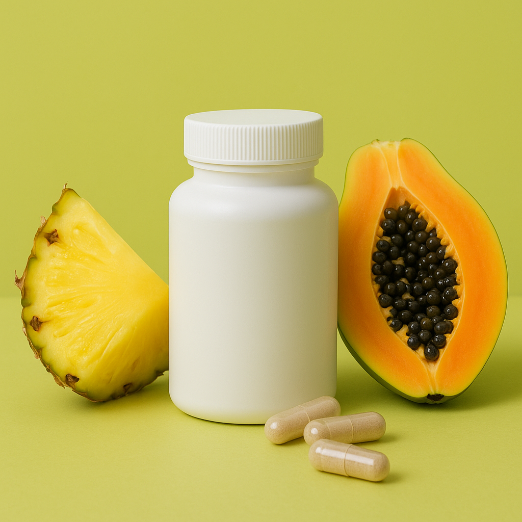 Enzyme supplements arranged neatly showcasing health benefits