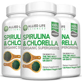 Allied Life Sciences Chlorella and Spirulina Supplement three bottles front view