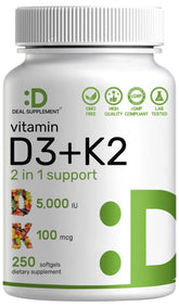 DEAL SUPPLEMENT Vitamin D3 K2 5000iu 100mcg softgel front view