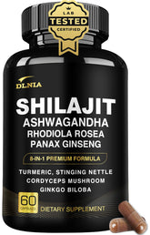 DLNIA 8-in-1 Shilajit Capsules front view with packaging