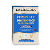 Dr. Mercola Complete Probiotics Powder Packets front view with raspberry flavour