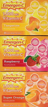 Emergen-C Vitamin C Drink Mix packaging front view with Super Orange and Raspberry flavours