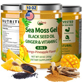 Front view of ACEYO Sea Moss Gel 572g jar with mango and pineapple