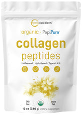 Front view of Micro Ingredients Organic Bovine Collagen Peptide Powder 340g pouch