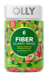 Front view of OLLY Fiber Gummy Rings bottle with 100 gummies
