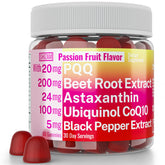 Front view of SHIZAM CoQ10 Gummies packaging with passion fruit flavour