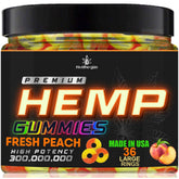 Healthergize Peach Hemp Gummies front view, 381g packaging