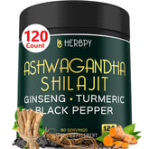 Herbpy Ashwagandha Supplement dark jar front view with 120 capsules