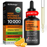 IQ BIOLOGY Liquid Vitamin D3 10000 IU front view with dropper