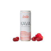 LEILO Kava Kava Drink 12oz can front view with Bright Raspberry + Hibiscus design