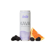 LEILO Kava Kava Sparkling Drink can front view with blackberry and orange design