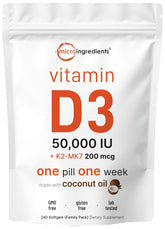 Micro Ingredients Vitamin D3 + K2 coconut oil softgels front view