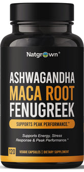 Natgrown Ashwagandha + Maca Root + Fenugreek Extract Capsules front view