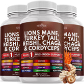 NEW AGE Mushroom Supplement Capsules front view with packaging