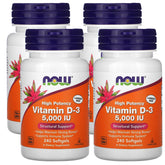NOW Foods Vitamin D-3 Softgels pack of 4 bottles front view