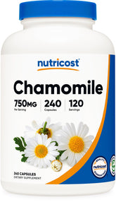 Nutricost Chamomile Capsules bottle front view with 240 veggie capsules