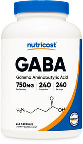 Nutricost GABA 750mg supplement front view with 240 capsules
