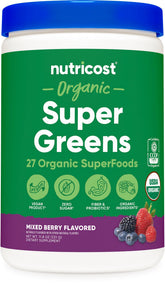 Nutricost Organic Greens Powder 408g front view with mixed berry flavour