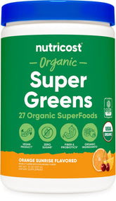 Nutricost Organic Greens Powder 408g front view with Orange Sunrise flavour