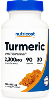 Nutricost Turmeric Supplement bottle front view with 90 capsules