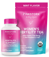 Pink Stork Fertility Bundle front view with supplement and tea