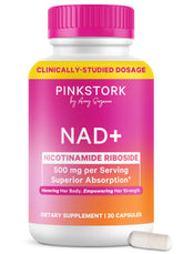 Pink Stork NAD+ Supplement bottle front view with 30 capsules