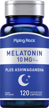 Piping Rock Melatonin 10 mg with Ashwagandha 120 capsules front view