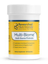 Researched Nutritionals Multi-Biome supplement front view with capsule bottle