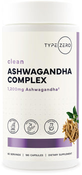 Type Zero Ashwagandha Supplement 180 veggie caps front view