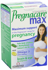 Vitabiotics Pregnacare Max packaging front view with vitamin tablets and Omega-3 capsules
