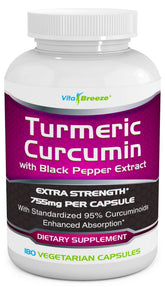 VitaBreeze Turmeric Curcumin 755mg 180 capsules front view