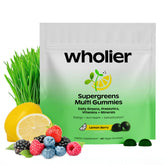 wholier Supergreens Multi Gummies front view with lemon berry flavour