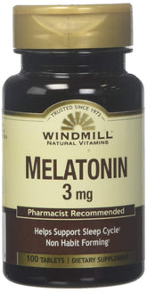 Windmill Melatonin 3 mg tablets front view, 100 count