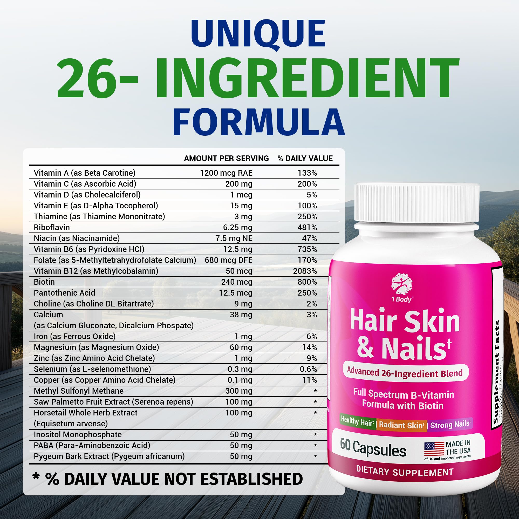 1 Body Advanced Hair Skin and Nails Vitamins capsules on a table
