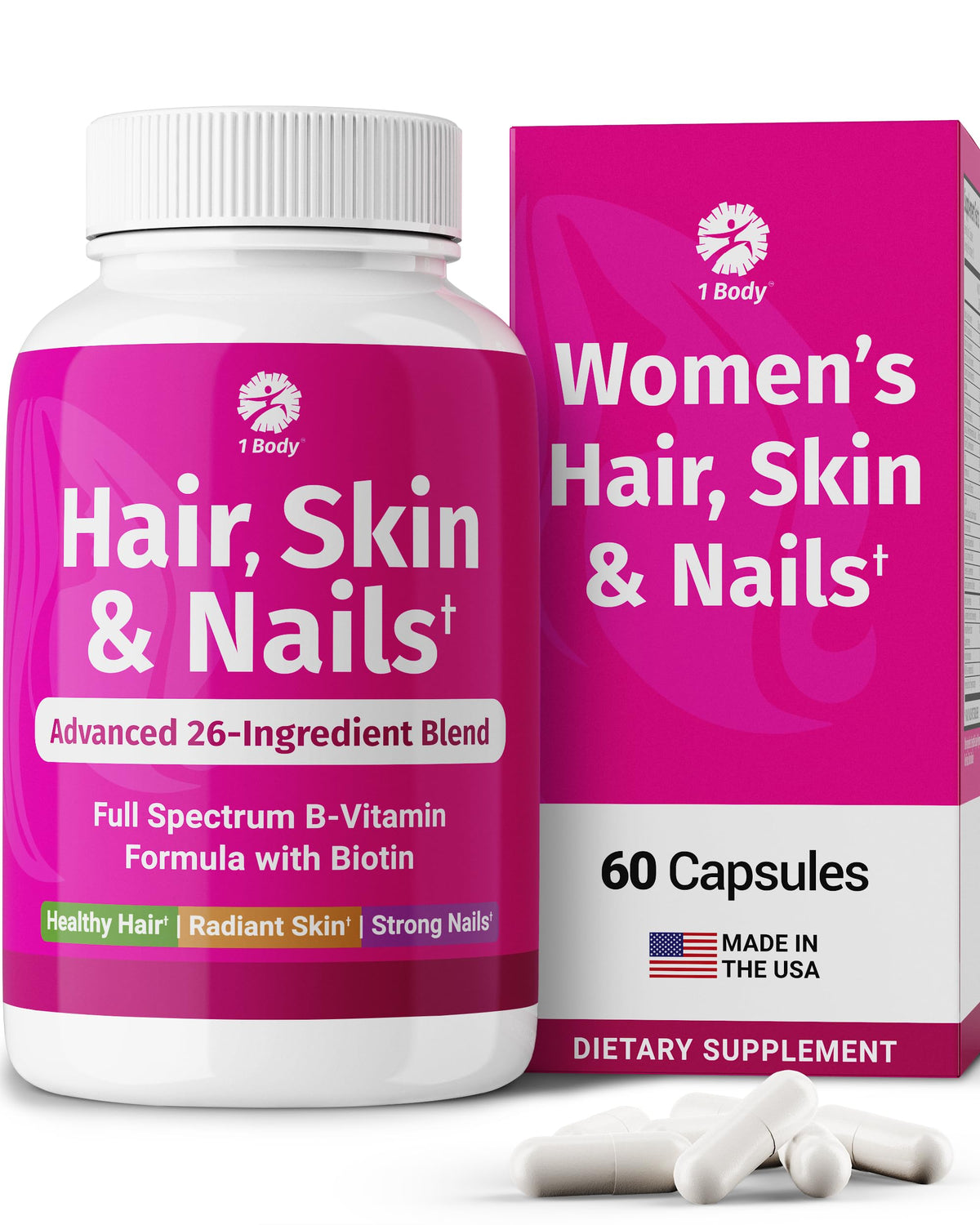 1 Body Advanced Hair Skin and Nails Vitamins front view