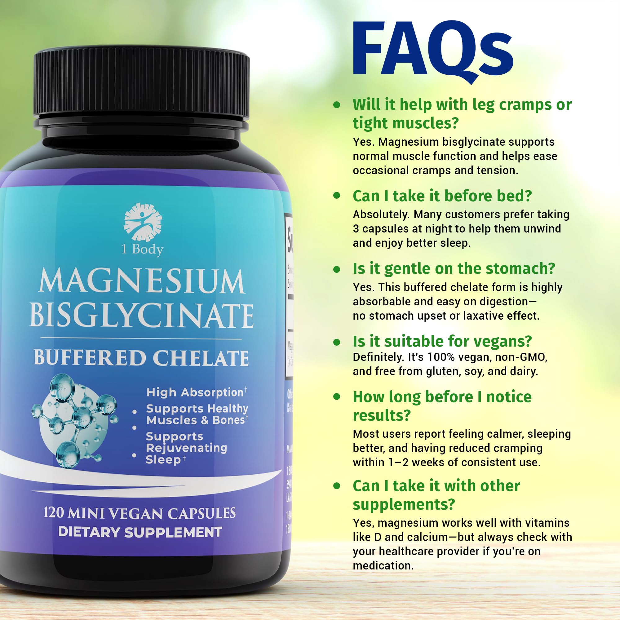 1 Body Magnesium Bisglycinate Chelate 500mg with a glass of water