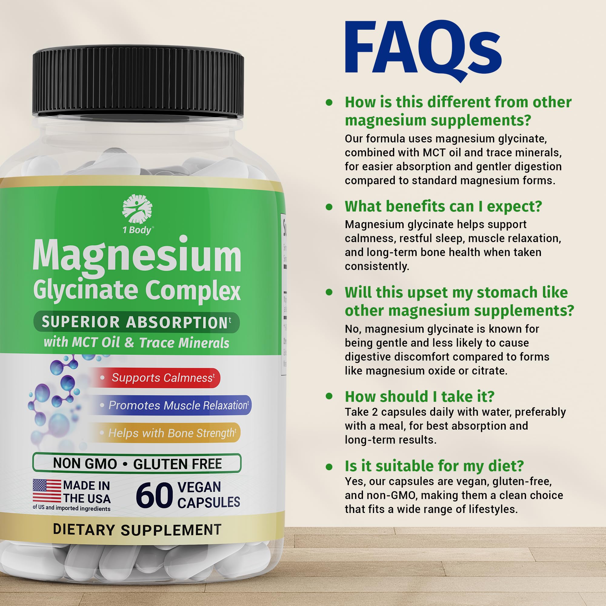 1 Body Magnesium Glycinate Capsules 90g bottle in a wellness setting