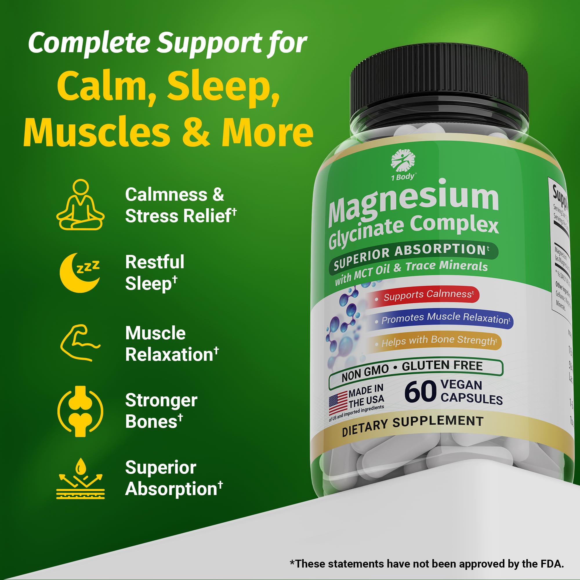 1 Body Magnesium Glycinate Capsules 90g capsules on a wooden surface