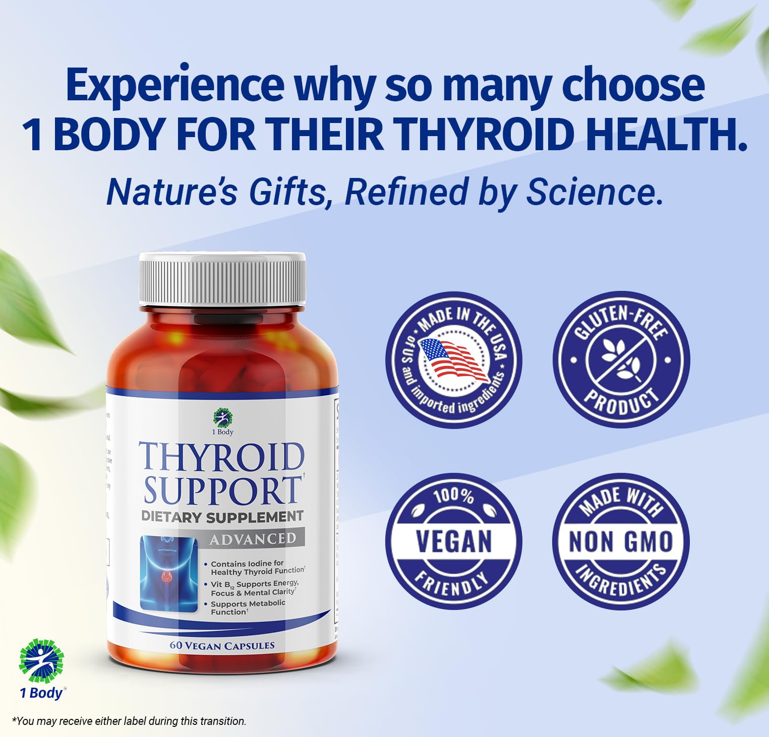 1 Body Thyroid Extract Supplement capsules on a wooden surface