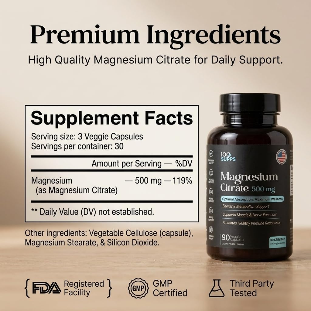 100 Supps Magnesium Citrate 500mg capsule close-up