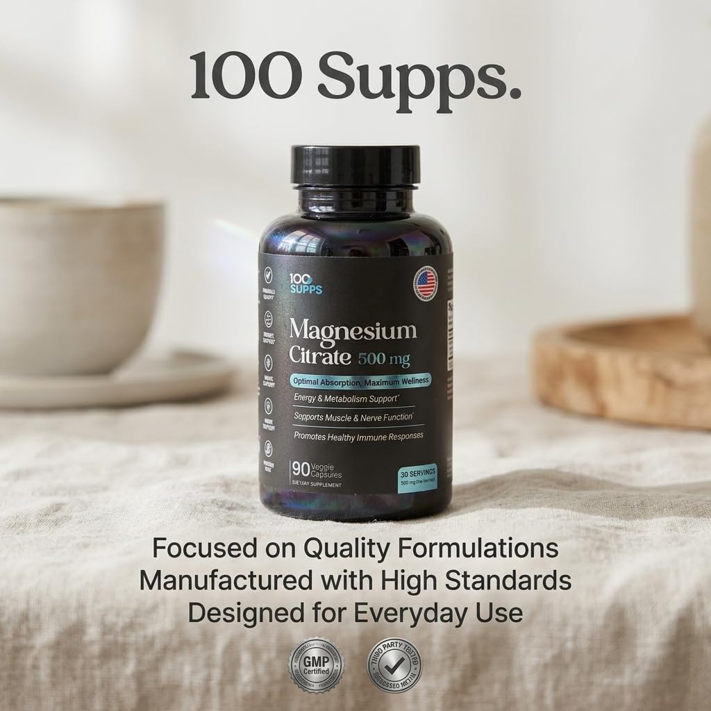 100 Supps Magnesium Citrate 500mg supplement alongside other vitamins