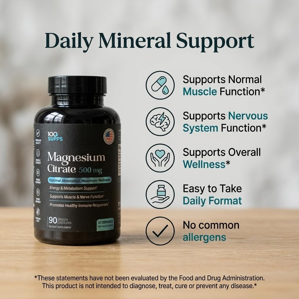 100 Supps Magnesium Citrate 500mg supplement back view