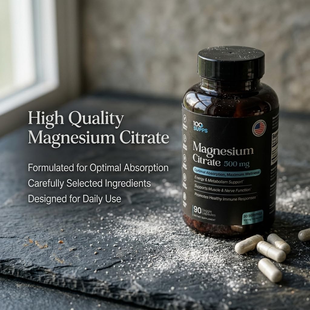 100 Supps Magnesium Citrate 500mg supplement in a lifestyle setting