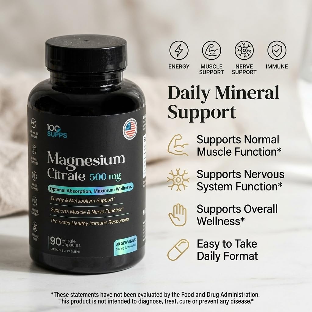 100 Supps Magnesium Citrate 500mg supplement on a wooden table