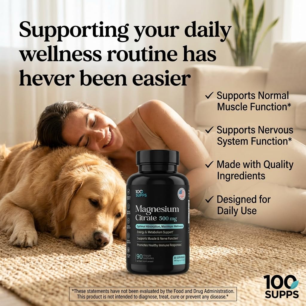 100 Supps Magnesium Citrate 500mg supplement with measuring spoon