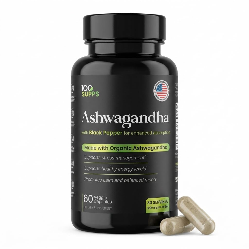 100 Supps Organic Ashwagandha Powder 1200mg veggie capsules front view