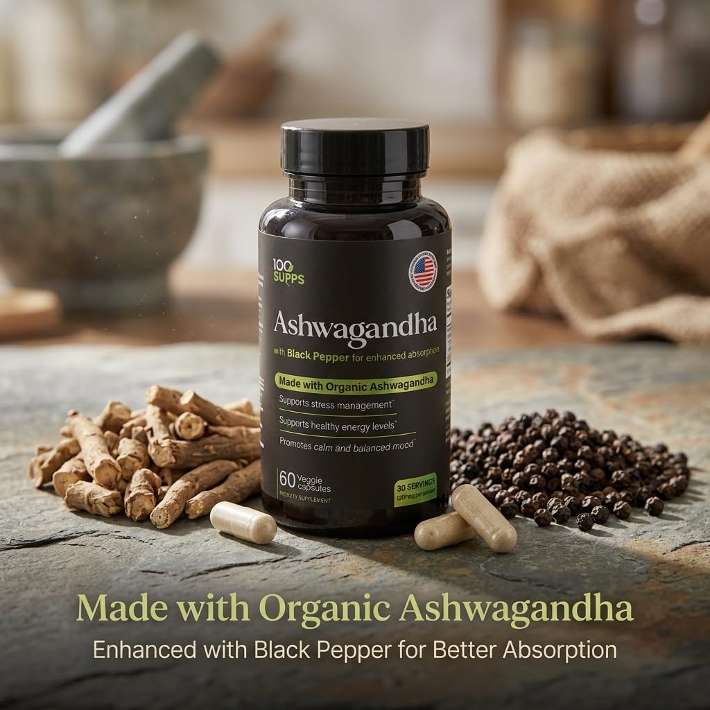 100 Supps Organic Ashwagandha Powder capsules with a measuring spoon