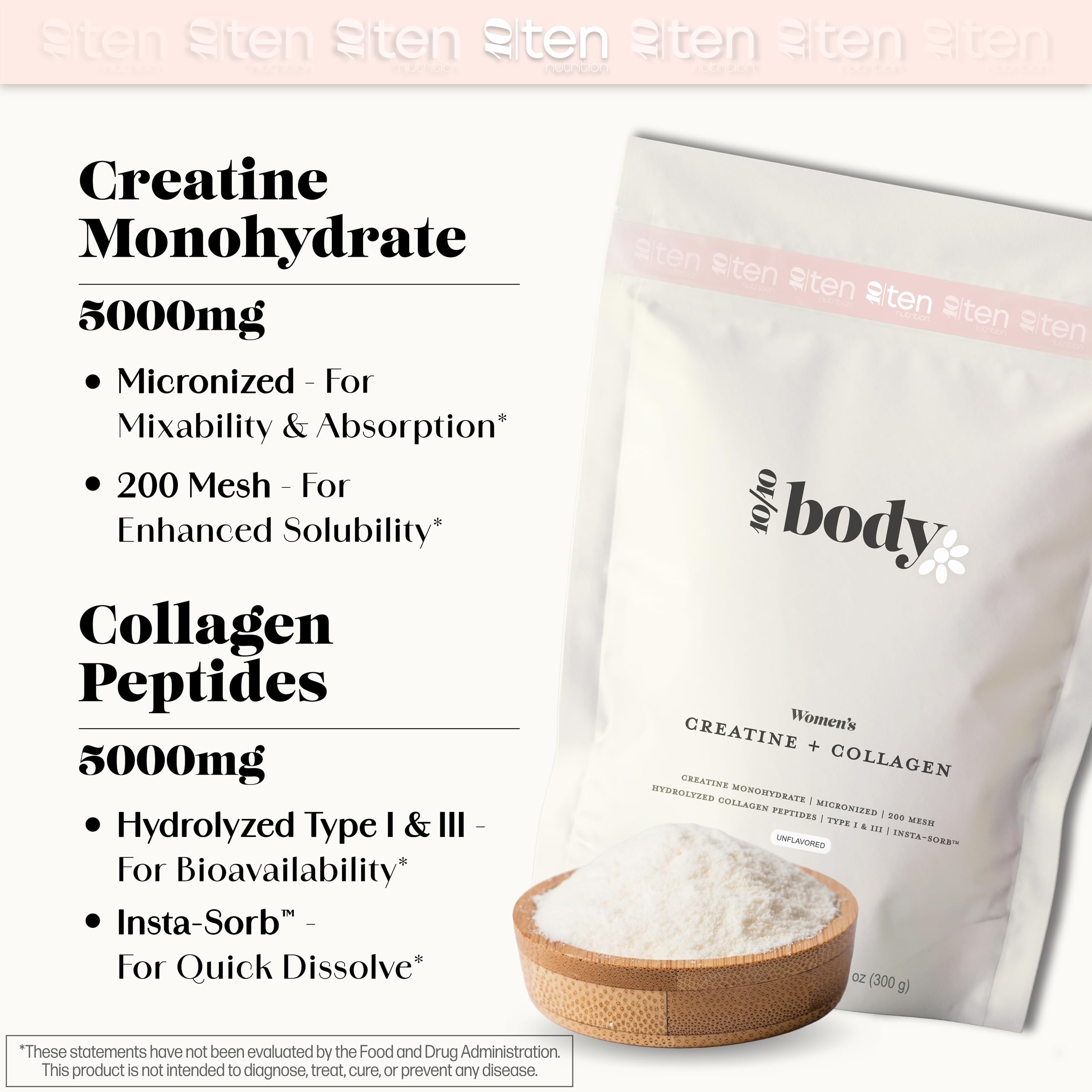 10Ten Nutrition Creatine + Collagen Powder 300g scoop next to powder