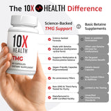 10X Health System TMG Supplement capsules on a wooden table